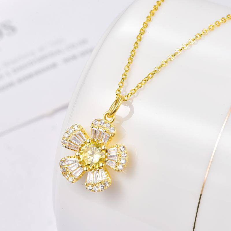 Sterling Silver With Yellow Gold Plated Circular Princess-Square Cubic Zirconia Sunflower Pendant Necklace For Women Best Friends-4