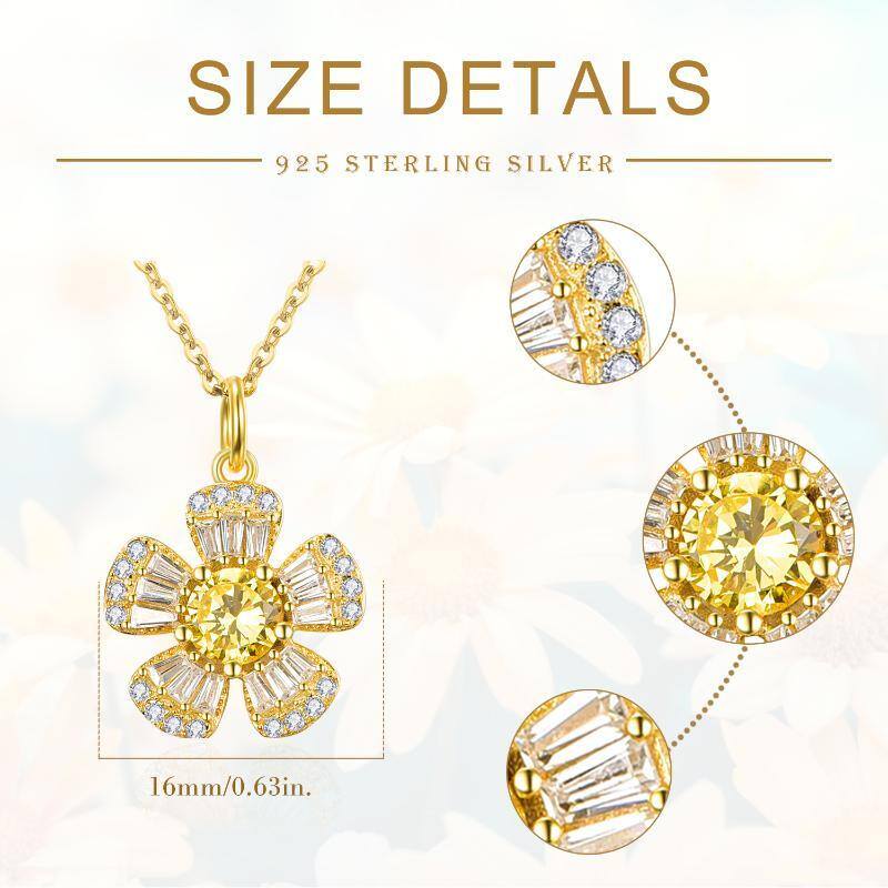 Sterling Silver With Yellow Gold Plated Circular Princess-Square Cubic Zirconia Sunflower Pendant Necklace For Women Best Friends-5