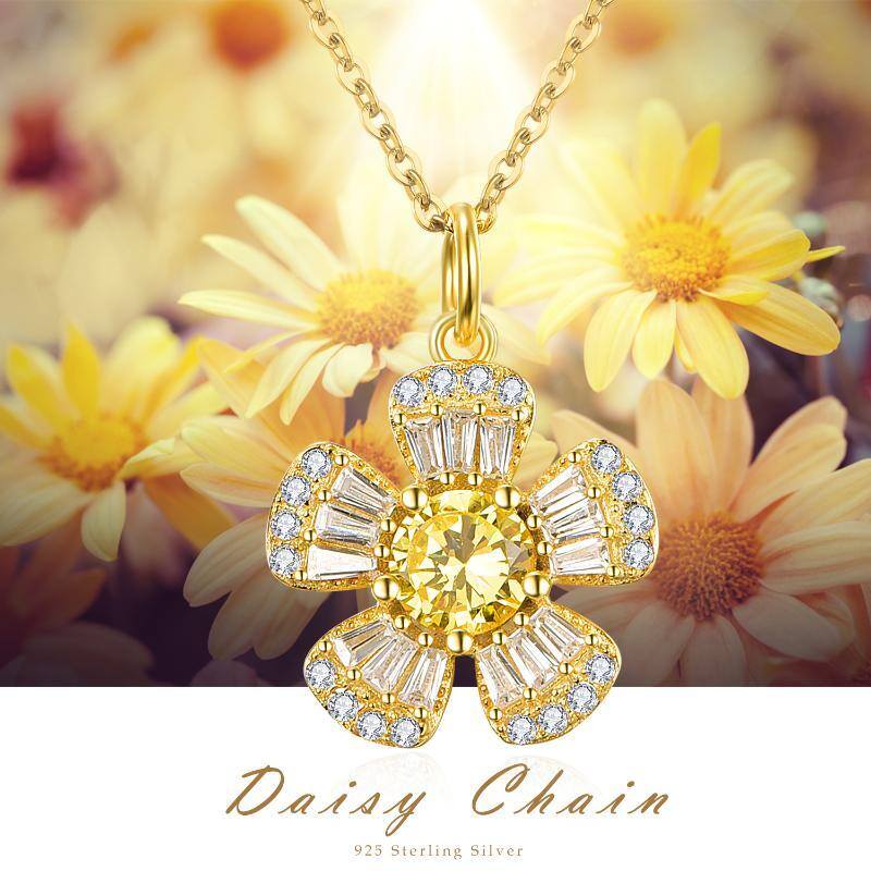 Sterling Silver With Yellow Gold Plated Circular Princess-Square Cubic Zirconia Sunflower Pendant Necklace For Women Best Friends-6