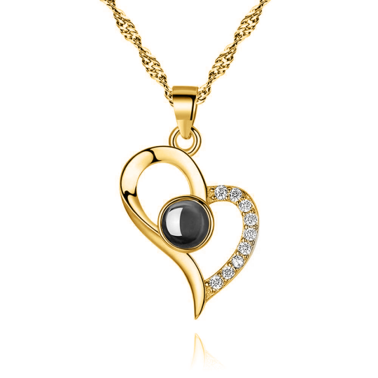 Sterling Silver with Yellow Gold Plated Circular Shaped Projection Stone Personalized Photo & Heart Pendant Necklace