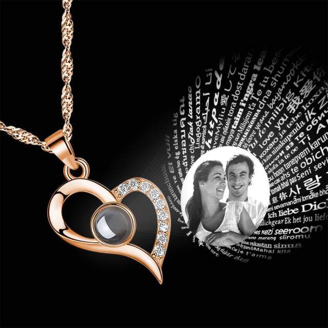 Sterling Silver Circular Shaped Projection Stone Personalized Photo & Heart Pendant Necklace-3