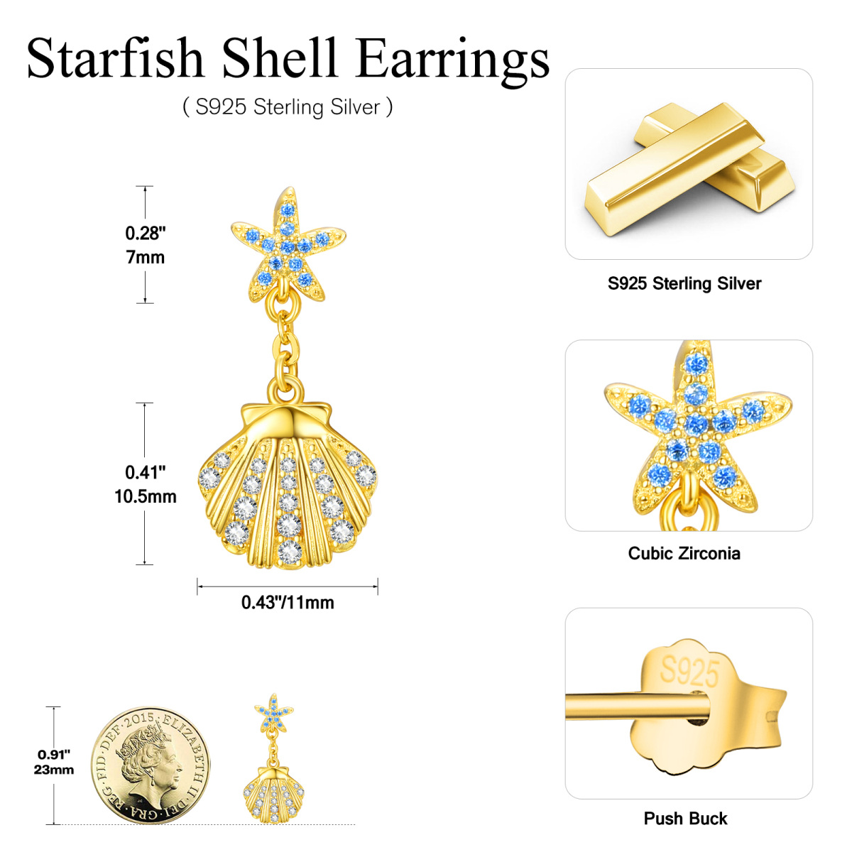 Sterling Silver with Yellow Gold Plated Circular Shaped Cubic Zirconia Shell Drop Earrings-4