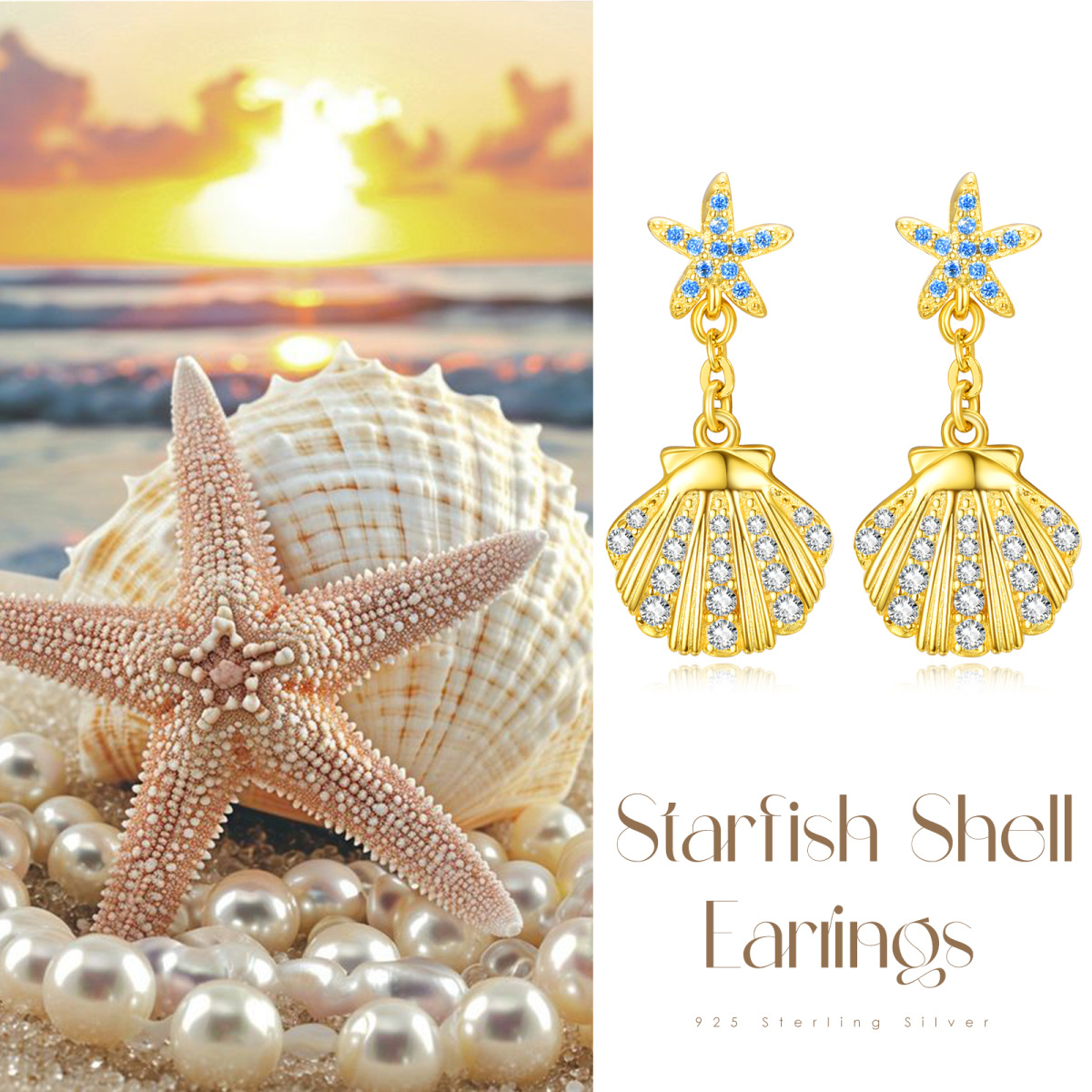 Sterling Silver with Yellow Gold Plated Circular Shaped Cubic Zirconia Shell Drop Earrings-5