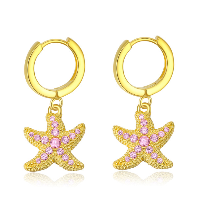 Sterling Silver with Yellow Gold Plated Circular Shaped Cubic Zirconia Starfish Drop Earrings