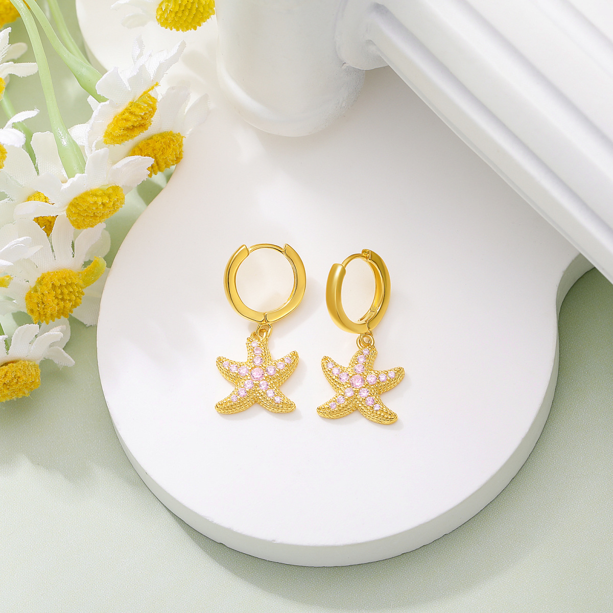 Sterling Silver with Yellow Gold Plated Circular Shaped Cubic Zirconia Starfish Drop Earrings-3