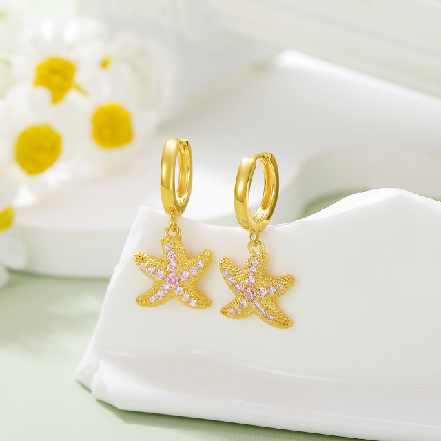 Sterling Silver with Yellow Gold Plated Circular Shaped Cubic Zirconia Starfish Drop Earrings-4