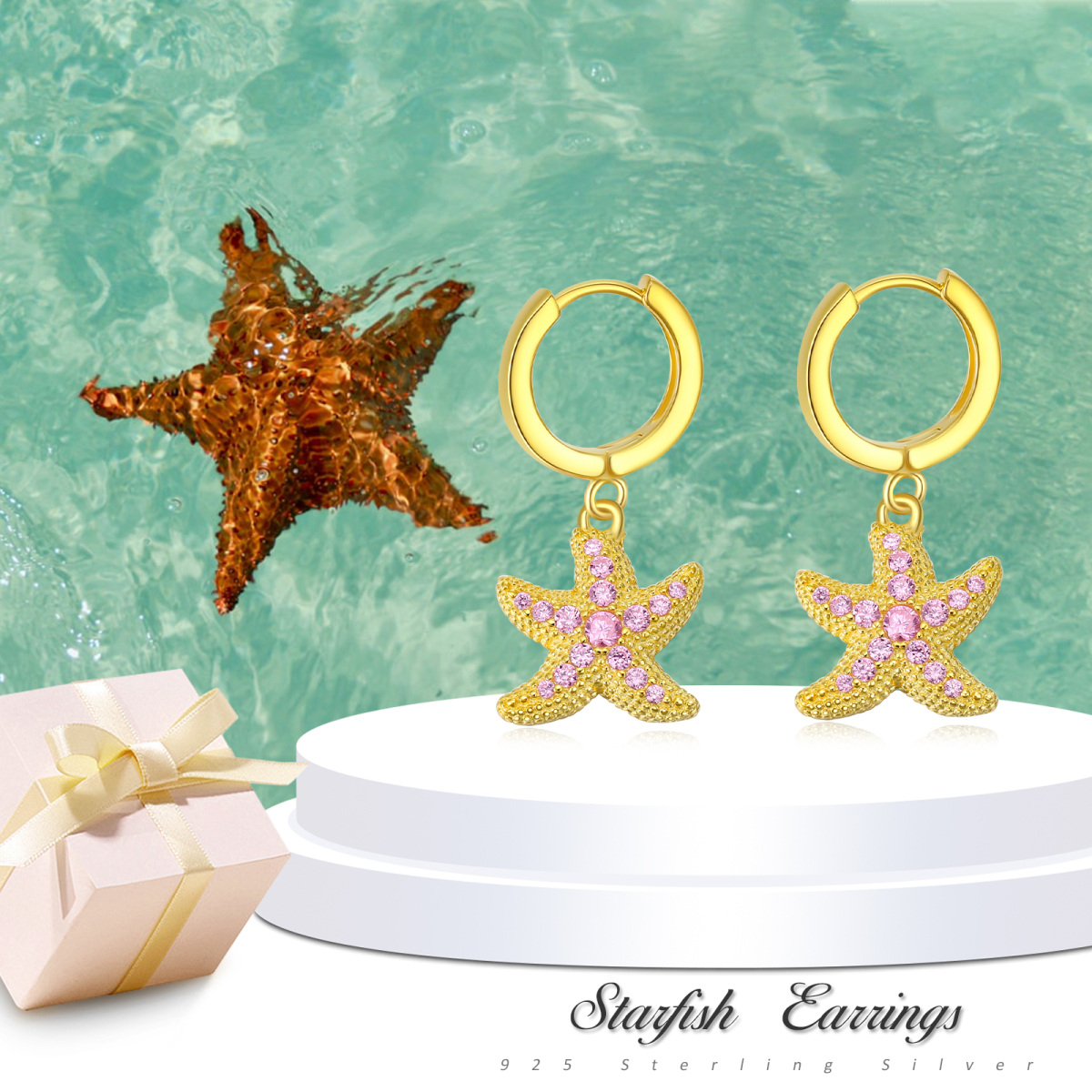 Sterling Silver with Yellow Gold Plated Circular Shaped Cubic Zirconia Starfish Drop Earrings-6