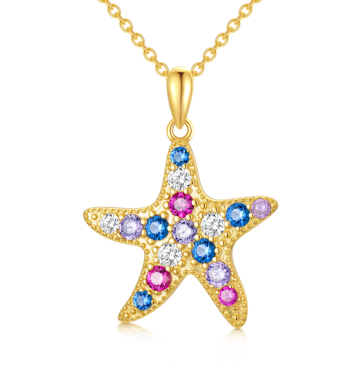 Sterling Silver with Yellow Gold Plated Circular Shaped Cubic Zirconia Starfish Pendant Necklace-1