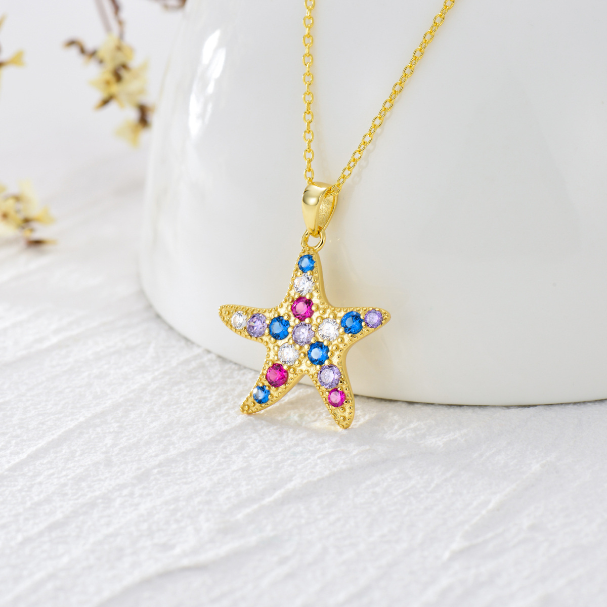 Sterling Silver with Yellow Gold Plated Circular Shaped Cubic Zirconia Starfish Pendant Necklace-3