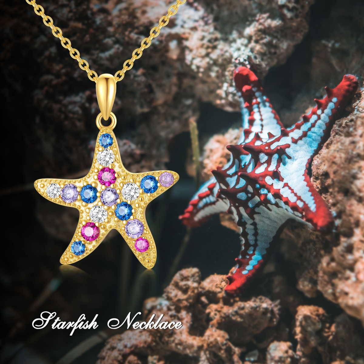 Sterling Silver with Yellow Gold Plated Circular Shaped Cubic Zirconia Starfish Pendant Necklace-6