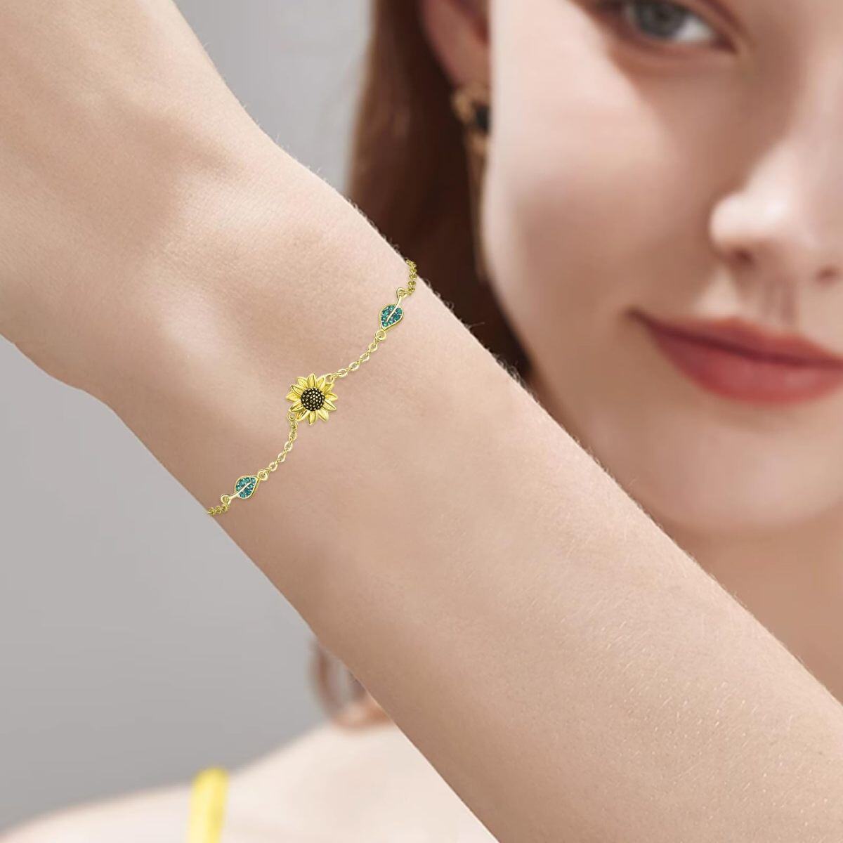 Pulsera Colgante Girasol Plata de Ley con baño de Oro Amarillo Forma Circular Circonitas C-3