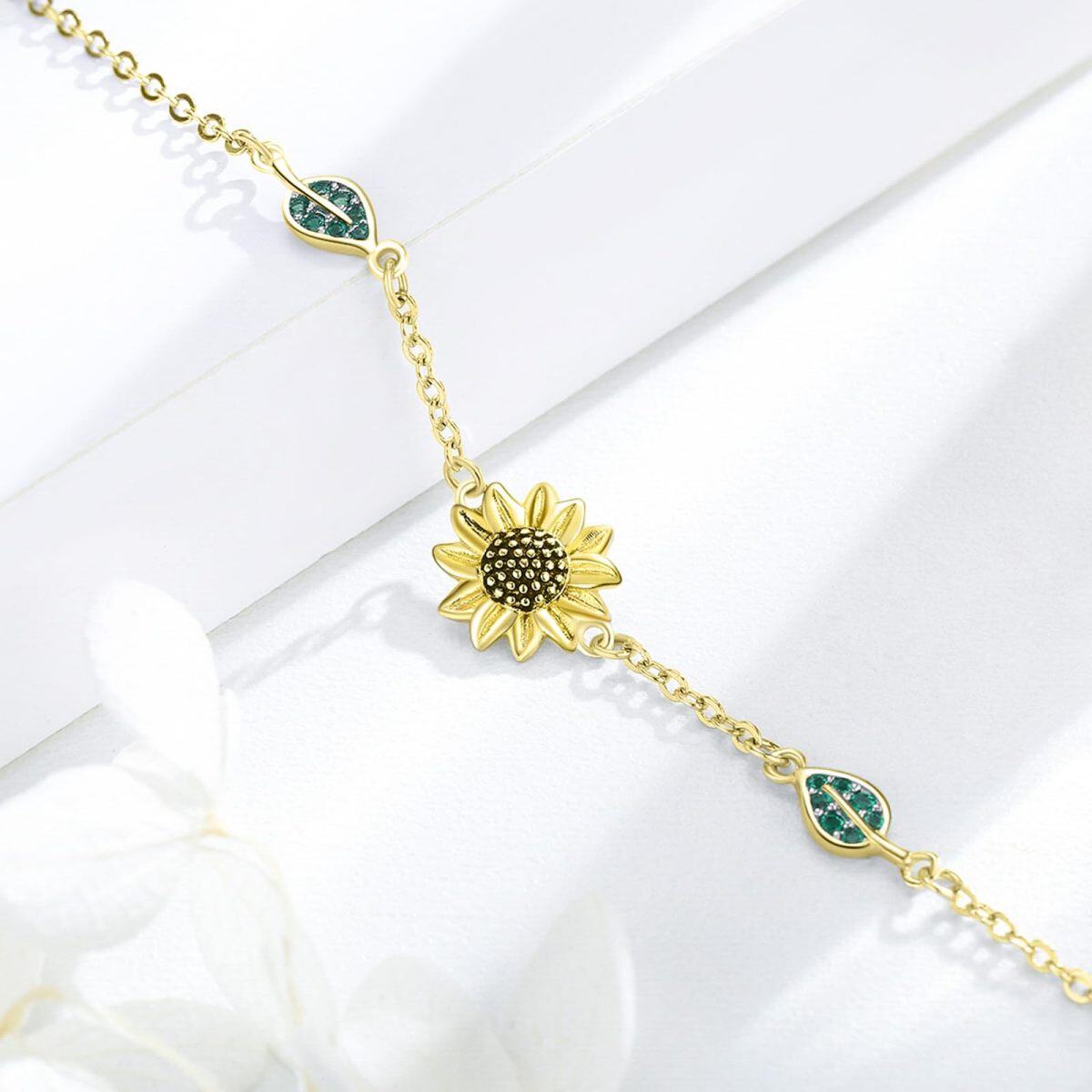 Pulsera Colgante Girasol Plata de Ley con baño de Oro Amarillo Forma Circular Circonitas C-4