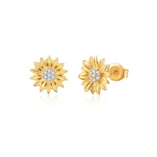 Sterling Silver with Yellow Gold Plated Circular Shaped Cubic Zirconia Sunflower Stud Earrings-60