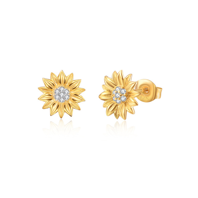 Sterling Silber mit Gelbgold plattiert kreisförmige Cubic Zirkonia Sonnenblume Ohrstecker