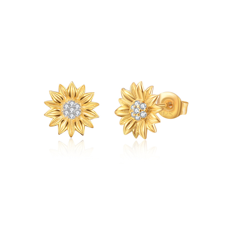 Sterling Silver with Yellow Gold Plated Circular Shaped Cubic Zirconia Sunflower Stud Earrings