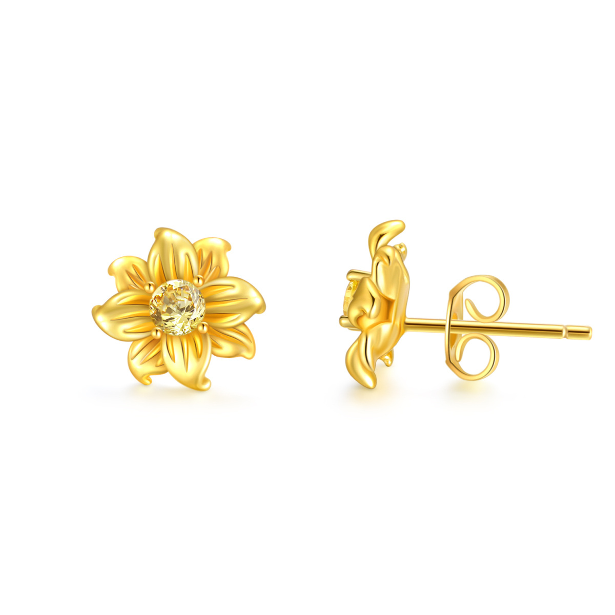 Sterling Silver with Yellow Gold Plated Circular Shaped Cubic Zirconia Sunflower Stud Earrings-1