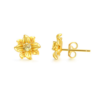 Sterling Silver with Yellow Gold Plated Circular Shaped Cubic Zirconia Sunflower Stud Earrings-56