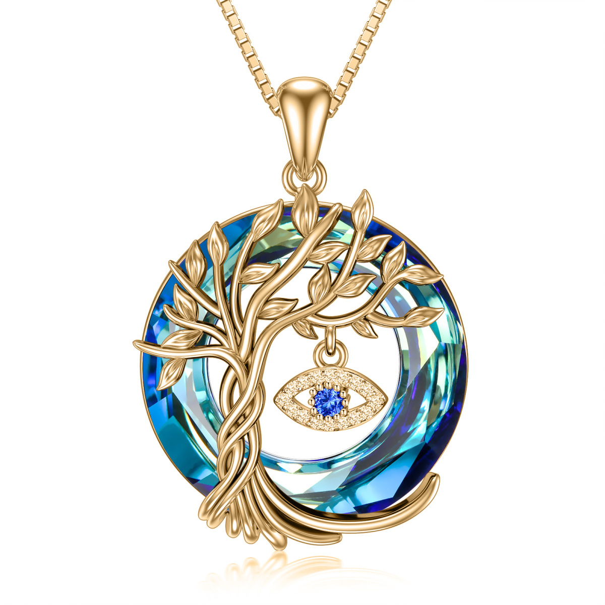 Sterling Silver with Yellow Gold Plated Circular Shaped Tree Of Life & Evil Eye Crystal Pendant Necklace-1