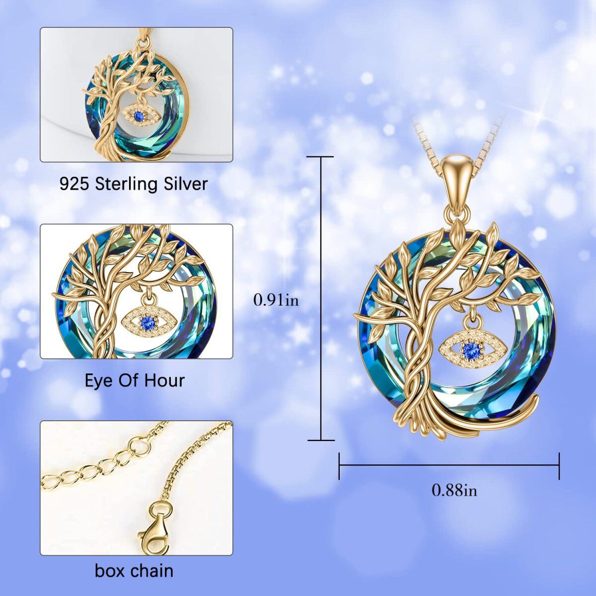 Sterling Silver with Yellow Gold Plated Circular Shaped Tree Of Life & Evil Eye Crystal Pendant Necklace-3