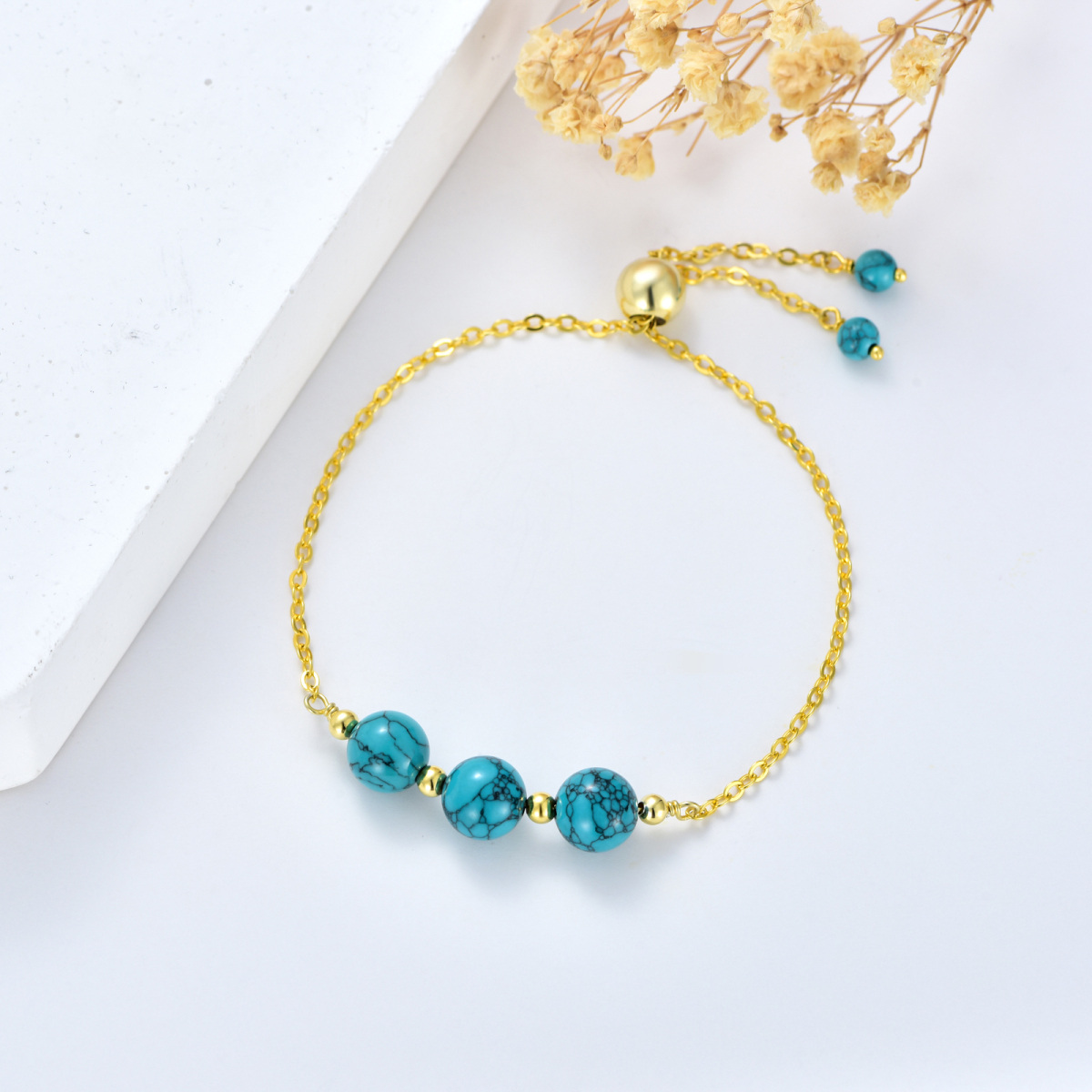 Sterling Silver with Yellow Gold Plated Circular Shaped Turquoise Bead Metal Beads Bracelet-4