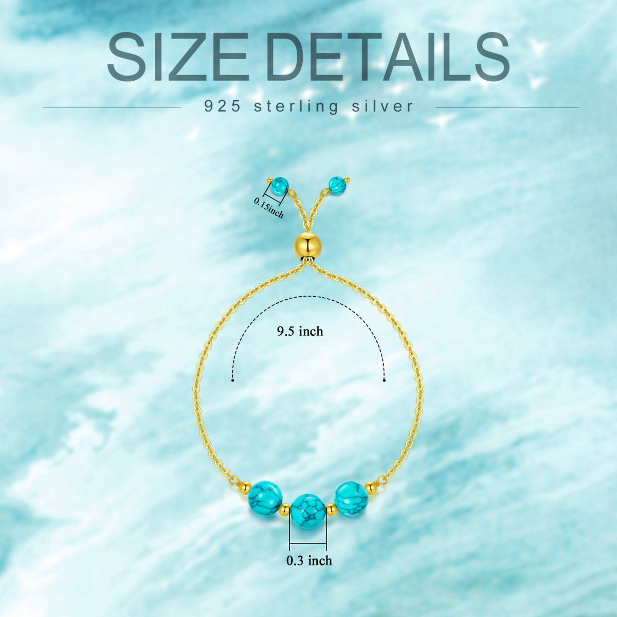 Sterling Silver with Yellow Gold Plated Circular Shaped Turquoise Bead Metal Beads Bracelet-6