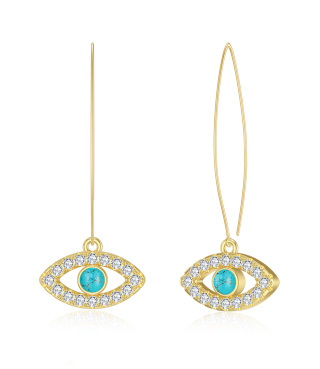 Sterling Silver with Yellow Gold Plated Circular Shaped Turquoise Evil Eye Drop Earrings-9