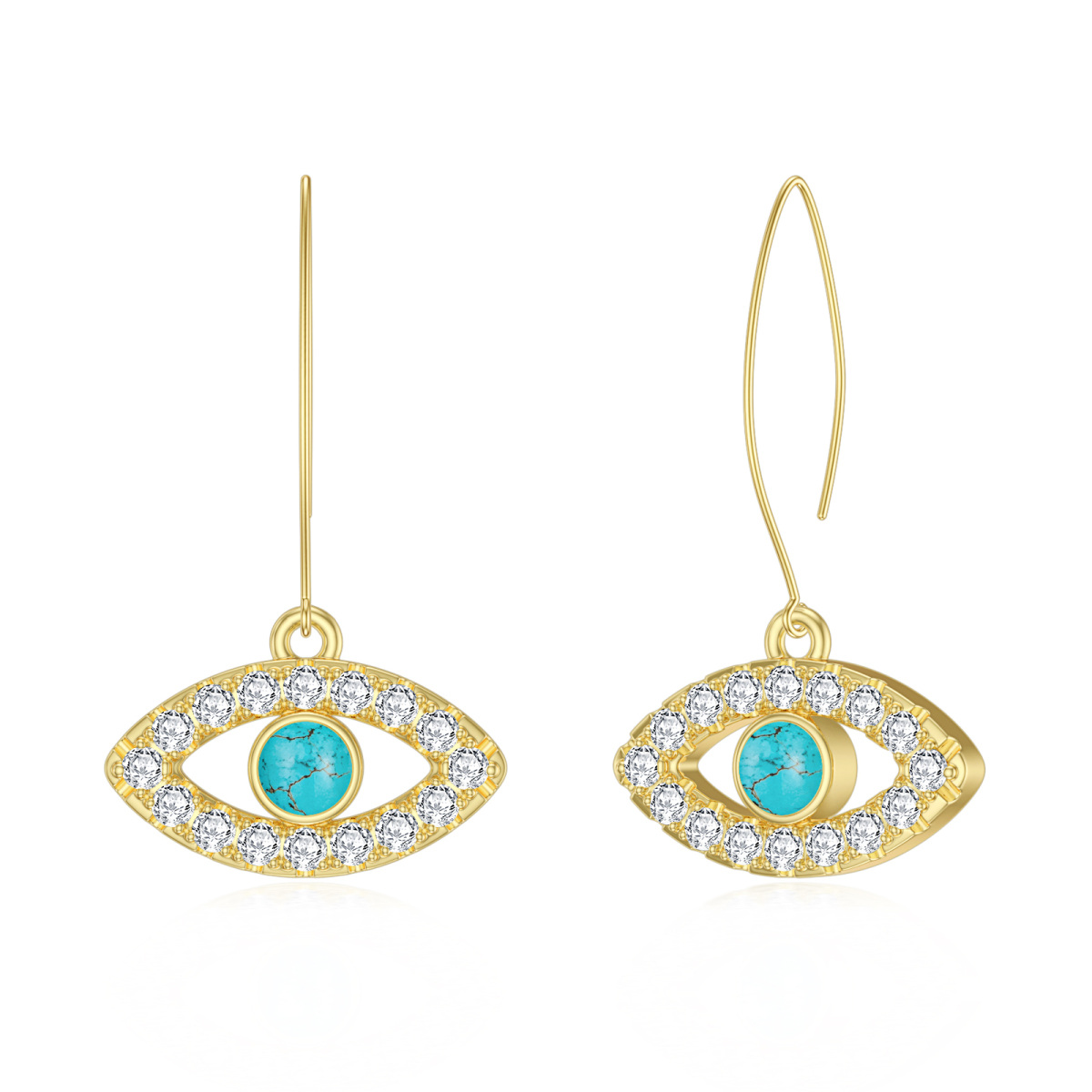 Sterling Silver with Yellow Gold Plated Circular Shaped Turquoise Evil Eye Drop Earrings-2