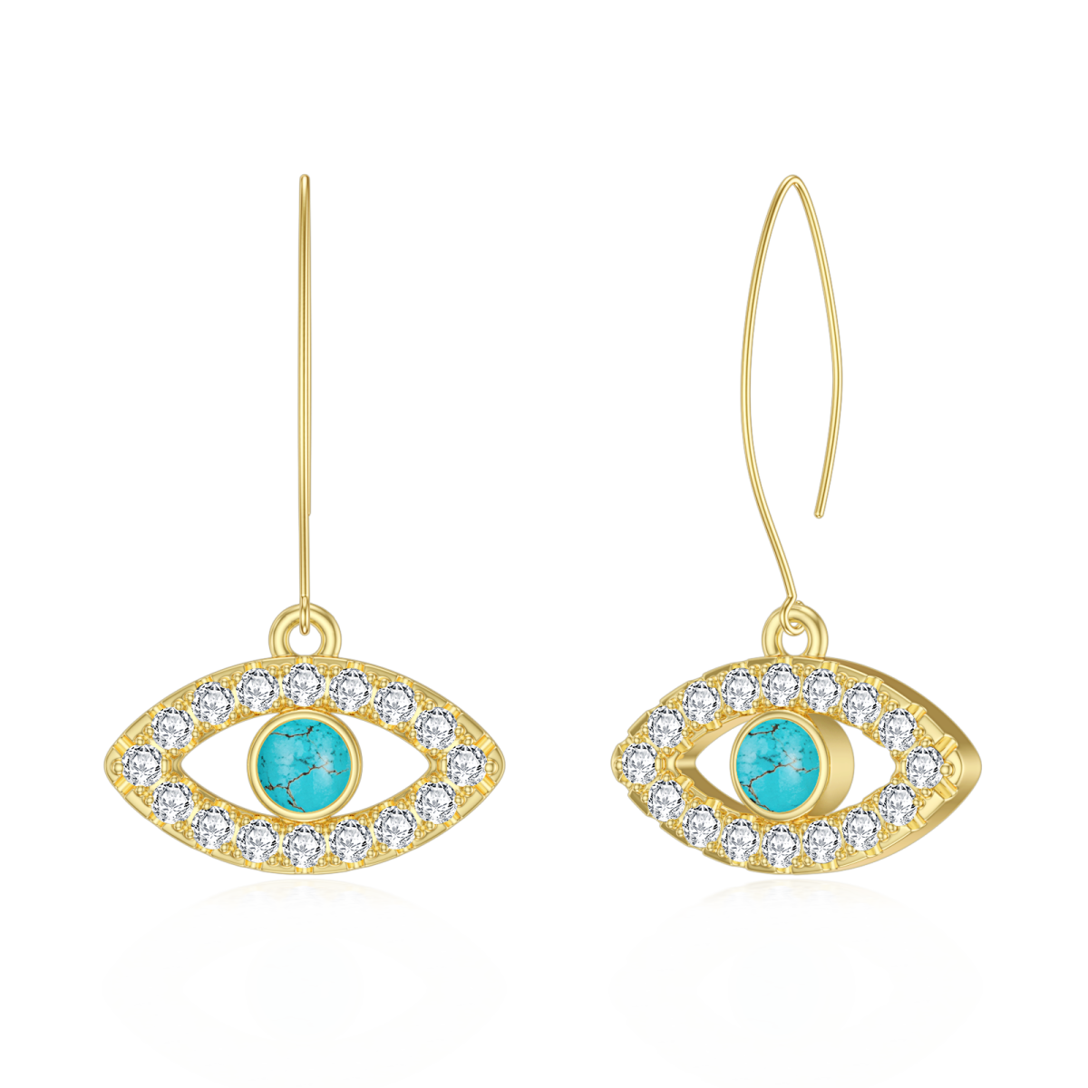 Sterling Silver with Yellow Gold Plated Circular Shaped Turquoise Evil Eye Drop Earrings-3