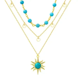 Sterling Silver with Yellow Gold Plated Circular Shaped Turquoise Sun Layered Necklace-14