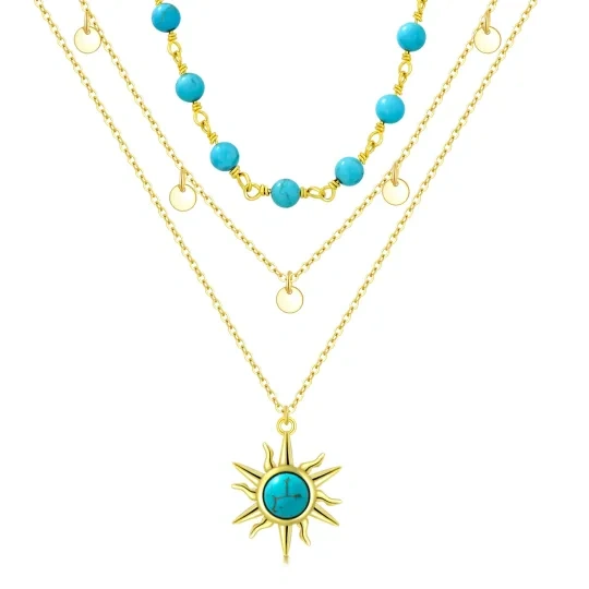 Sterling Silver with Yellow Gold Plated Circular Shaped Turquoise Sun Layered Necklace