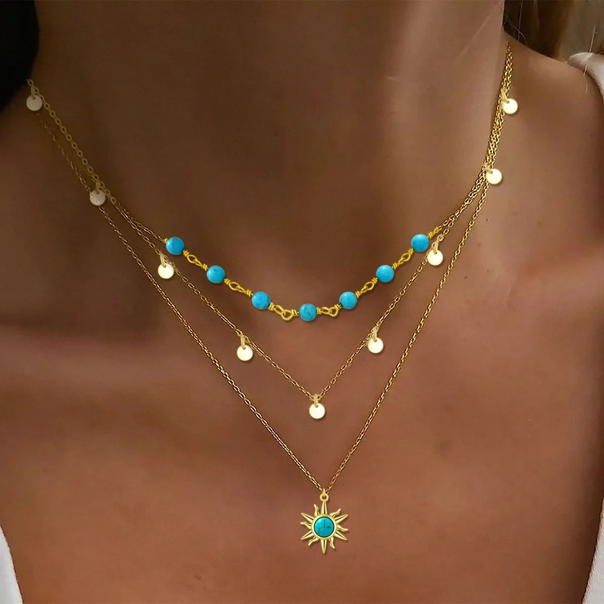 Sterling Silver with Yellow Gold Plated Circular Shaped Turquoise Sun Layered Necklace-2