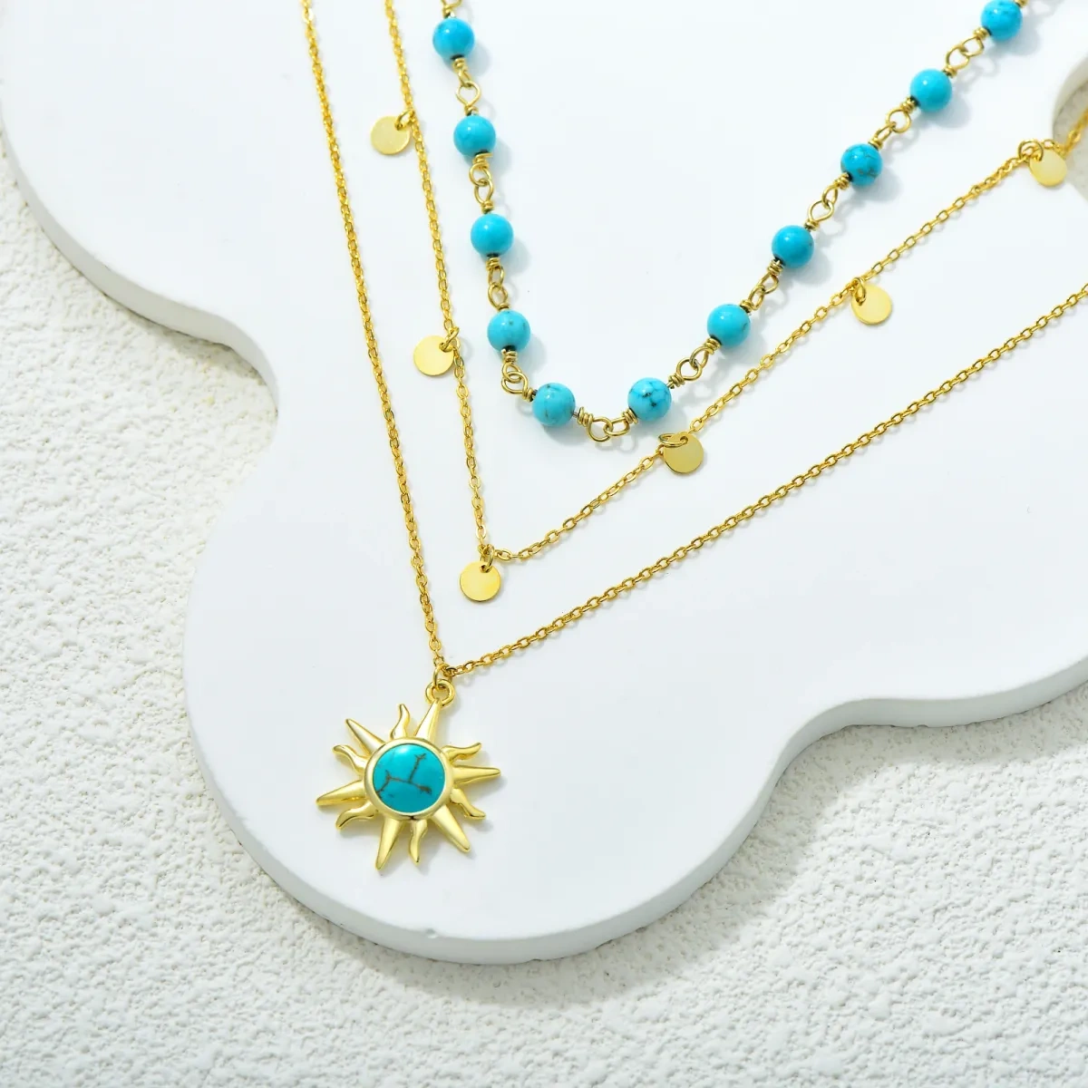 Sterling Silver with Yellow Gold Plated Circular Shaped Turquoise Sun Layered Necklace-3