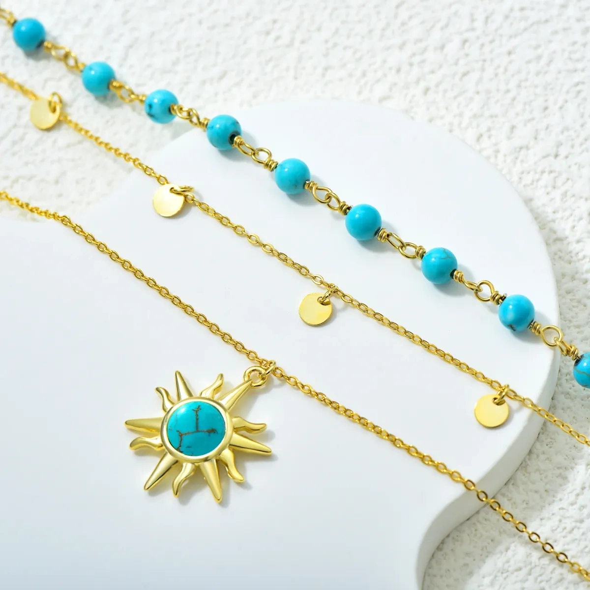 Sterling Silver with Yellow Gold Plated Circular Shaped Turquoise Sun Layered Necklace-4