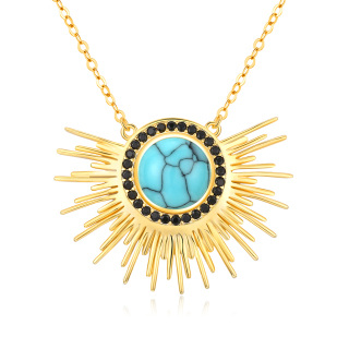 Sterling Silver with Yellow Gold Plated Circular Shaped Turquoise Sun Pendant Necklace-2