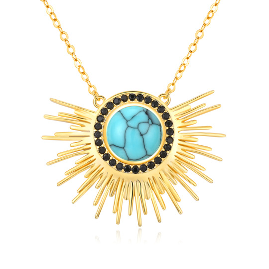 Sterling Silver with Yellow Gold Plated Circular Shaped Turquoise Sun Pendant Necklace