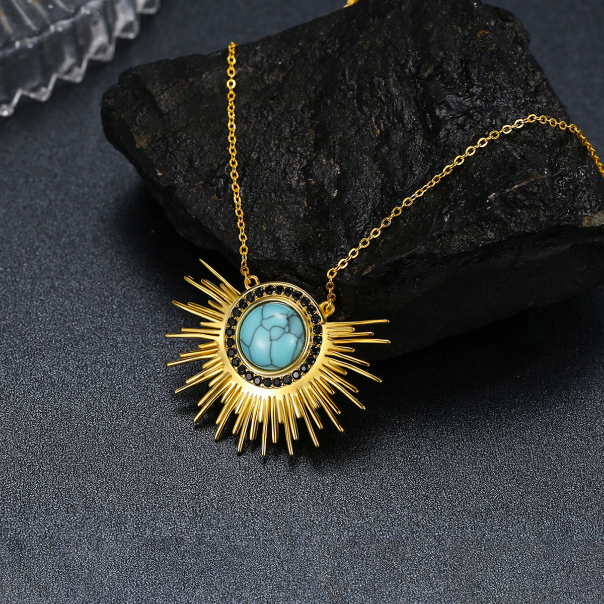 Sterling Silver with Yellow Gold Plated Circular Shaped Turquoise Sun Pendant Necklace-4