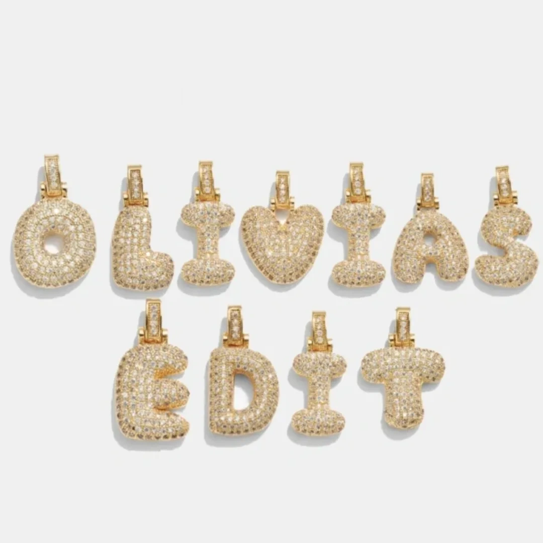 Gold Vermeil Personalized Initial Letter Alphabet A Bubble Letter Necklace with Zircon-6