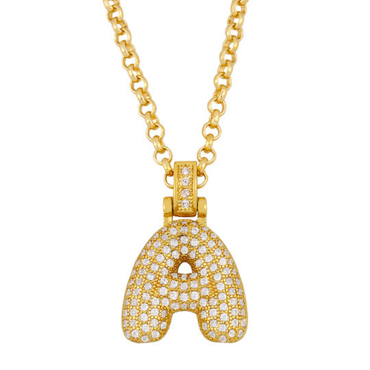 Gold Vermeil Personalized Initial Letter Alphabet A Bubble Letter Necklace with Zircon