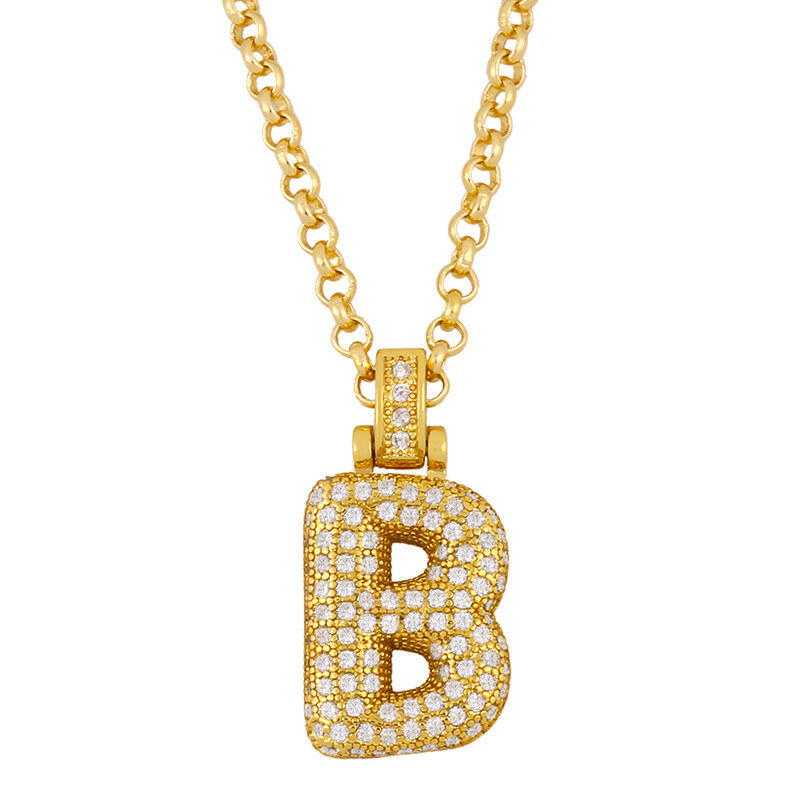 Sterling Silver with Yellow Gold Plated Circular Shaped Zircon Letters Pendant Necklace with Initial Letter B-1