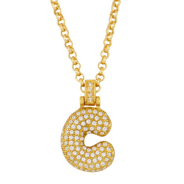 Sterling Silver with Yellow Gold Plated Circular Shaped Zircon Letters Pendant Necklace with Initial Letter C-1