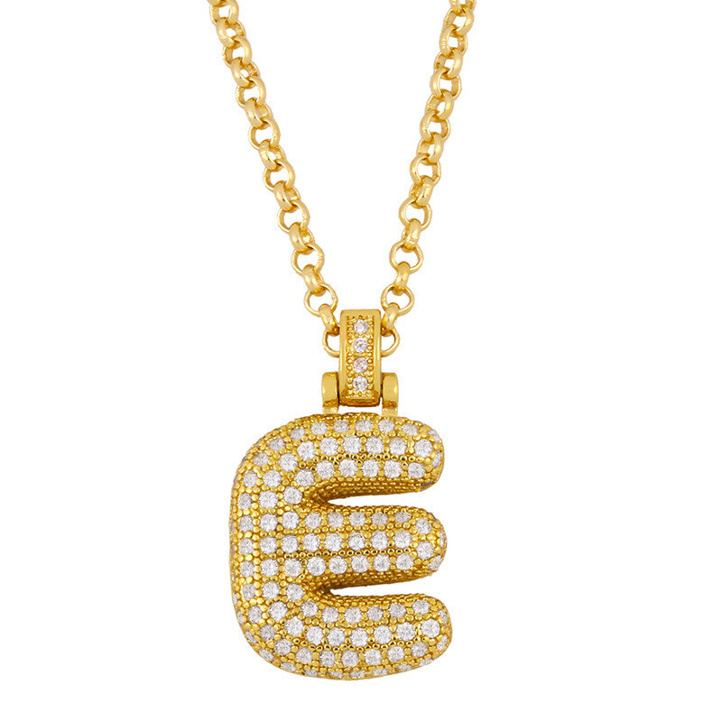 Sterling Silver with Yellow Gold Plated Circular Shaped Zircon Letters Pendant Necklace with Initial Letter E-1