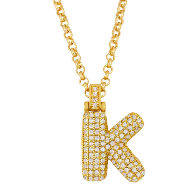 Sterling Silver with Yellow Gold Plated Circular Shaped Zircon Letters Pendant Necklace with Initial Letter K-1