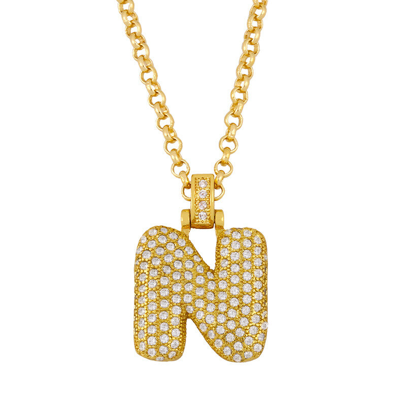 Sterling Silver with Yellow Gold Plated Circular Shaped Zircon Letters Pendant Necklace with Initial Letter N-1