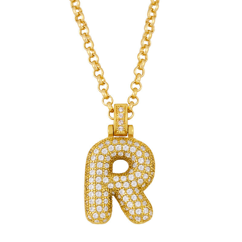 Sterling Silver with Yellow Gold Plated Circular Shaped Zircon Letters Pendant Necklace with Initial Letter R-1