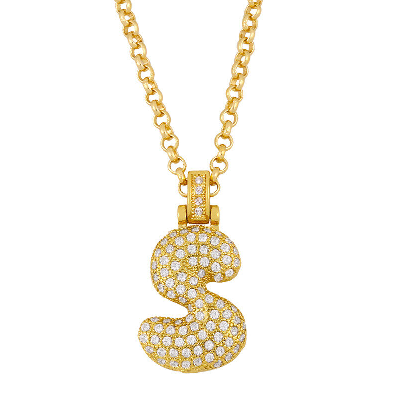 Sterling Silver with Yellow Gold Plated Circular Shaped Zircon Letters Pendant Necklace with Initial Letter S-1