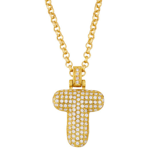 Gold Vermeil Personalized Initial Letter Alphabet T Bubble Letter Necklace with Zircon
