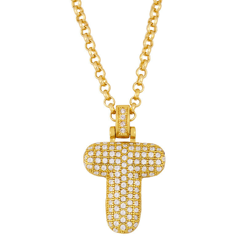 Colar de letras iniciais personalizadas do alfabeto T com zircônia e vermeil dourado-18