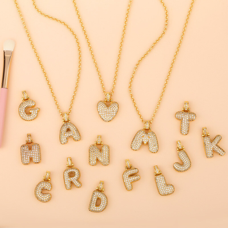 Gold Vermeil Personalized Initial Letter Alphabet A Bubble Letter Necklace with Zircon-4