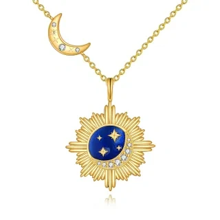 Sterling Silver With Yellow Gold Plated Circular Zircon Moon With Star With Sun Pendant Necklace For Women-3