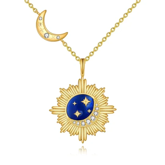 Sterling Silver with Yellow Gold Plated Circular Shaped Zircon Moon & Star & Sun Pendant Necklace